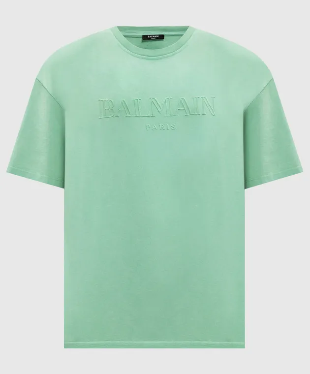 BALMAIN GREEN TSHIRT WITH LOGO EMBROIDERY