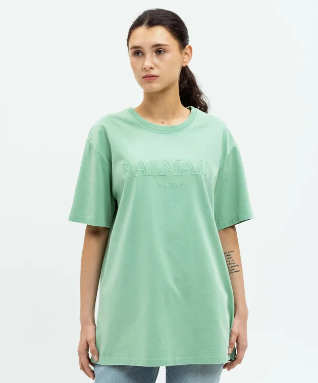 BALMAIN GREEN TSHIRT WITH LOGO EMBROIDERY