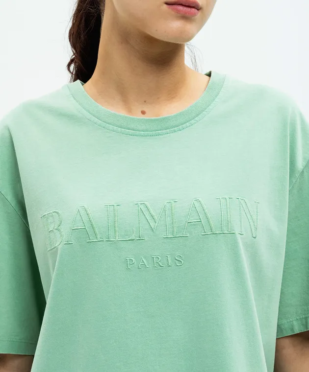 BALMAIN GREEN TSHIRT WITH LOGO EMBROIDERY