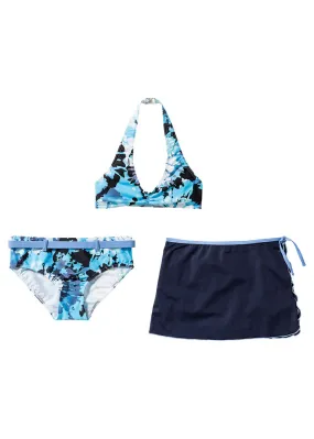 Bikini + falda de poliamida reciclada  para niñas (3 unidades) Azul-blanco con diseño batik