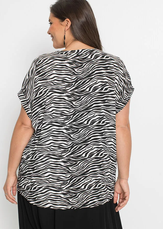 Blusa de viscosa sostenible Negro/blanco lana con estampado de cebra