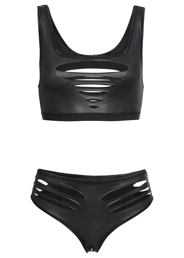 Bustier + braga con abertura de diseño mojado (2 piezas) Negro