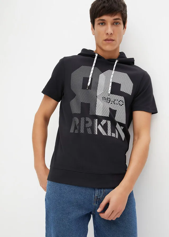 Camiseta con capucha de calidad densa Negro estampado