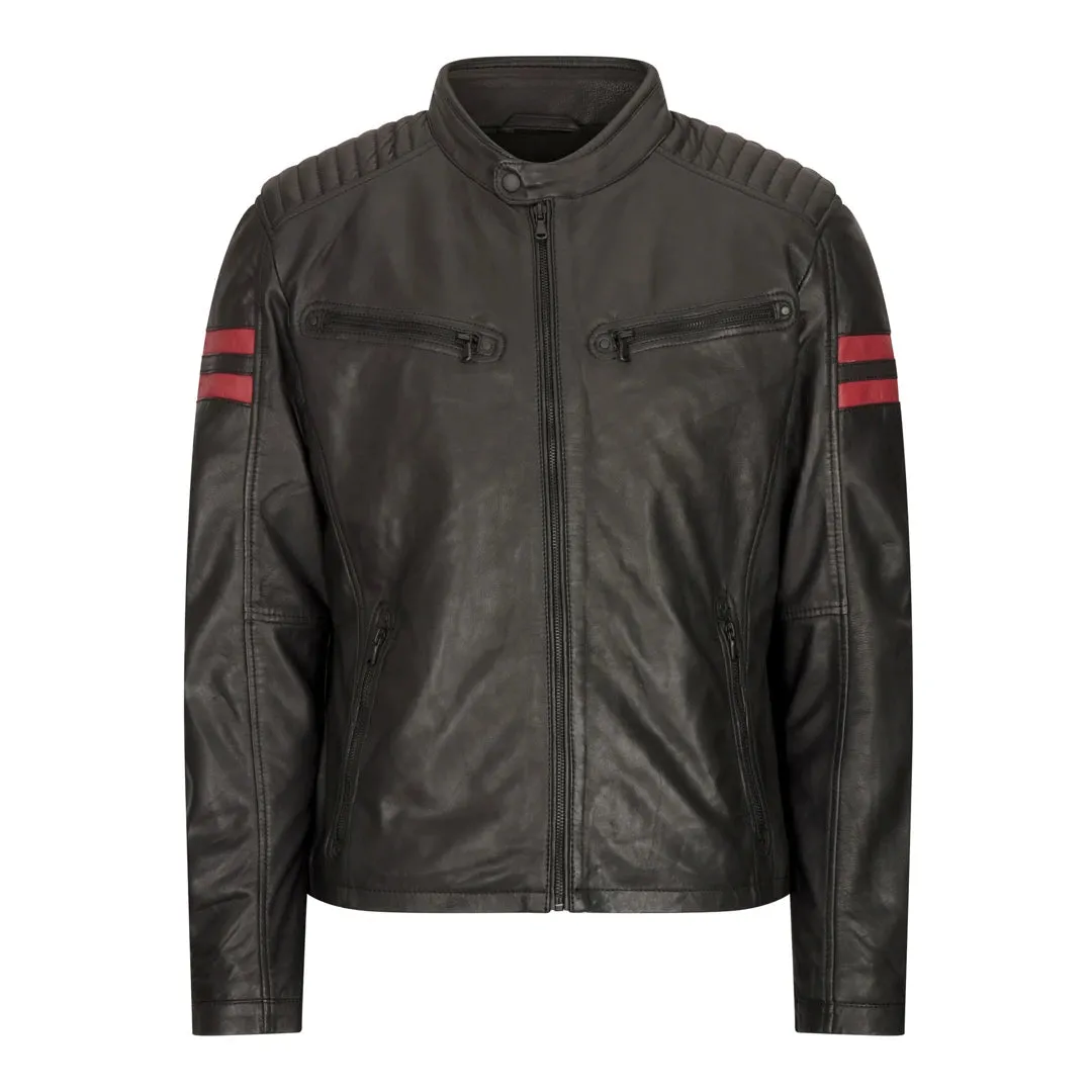 Chaqueta de carreras de motos de cuero para hombres rayas rojas zip negros cortos