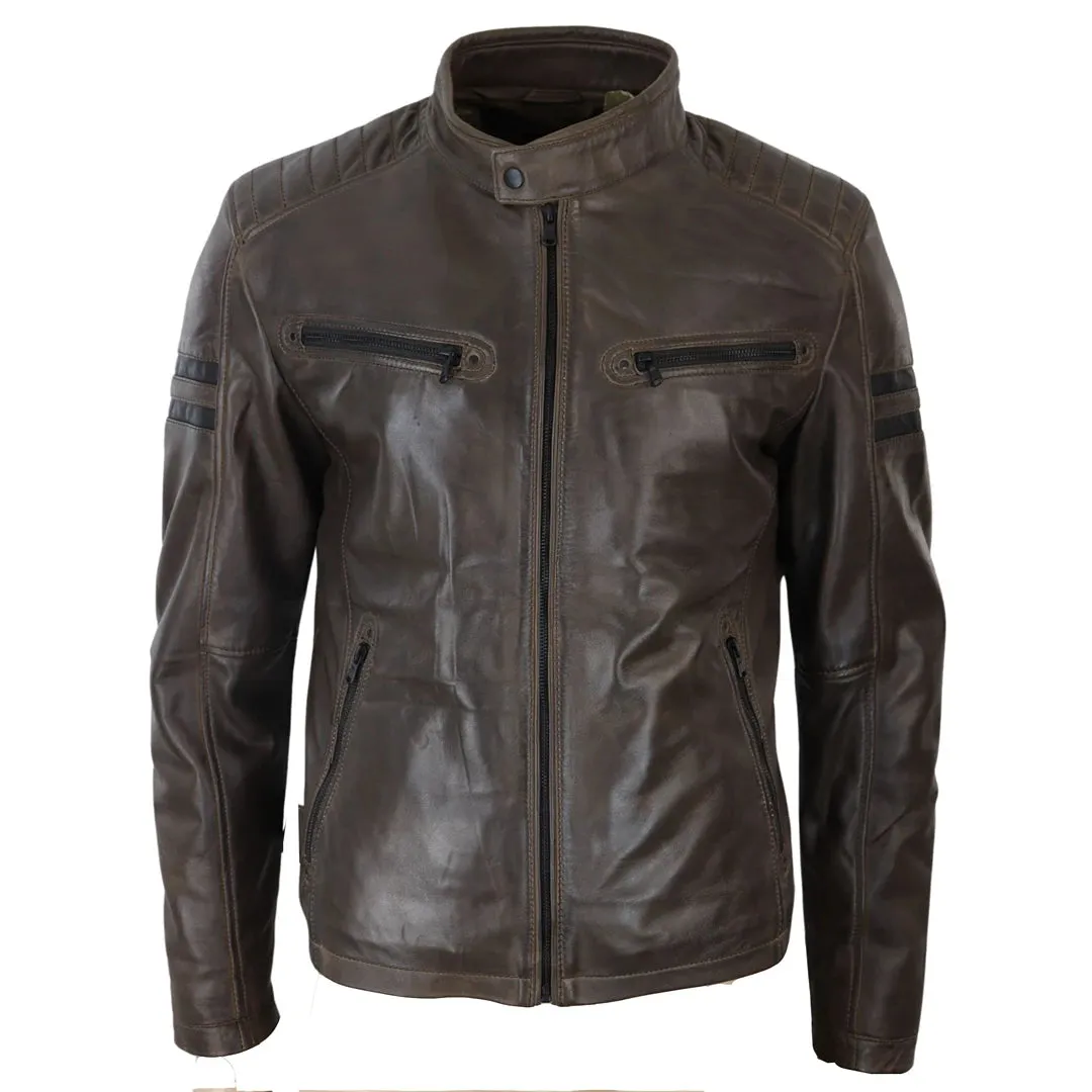 Chaqueta de carreras de motos de cuero para hombres rayas rojas zip negros cortos