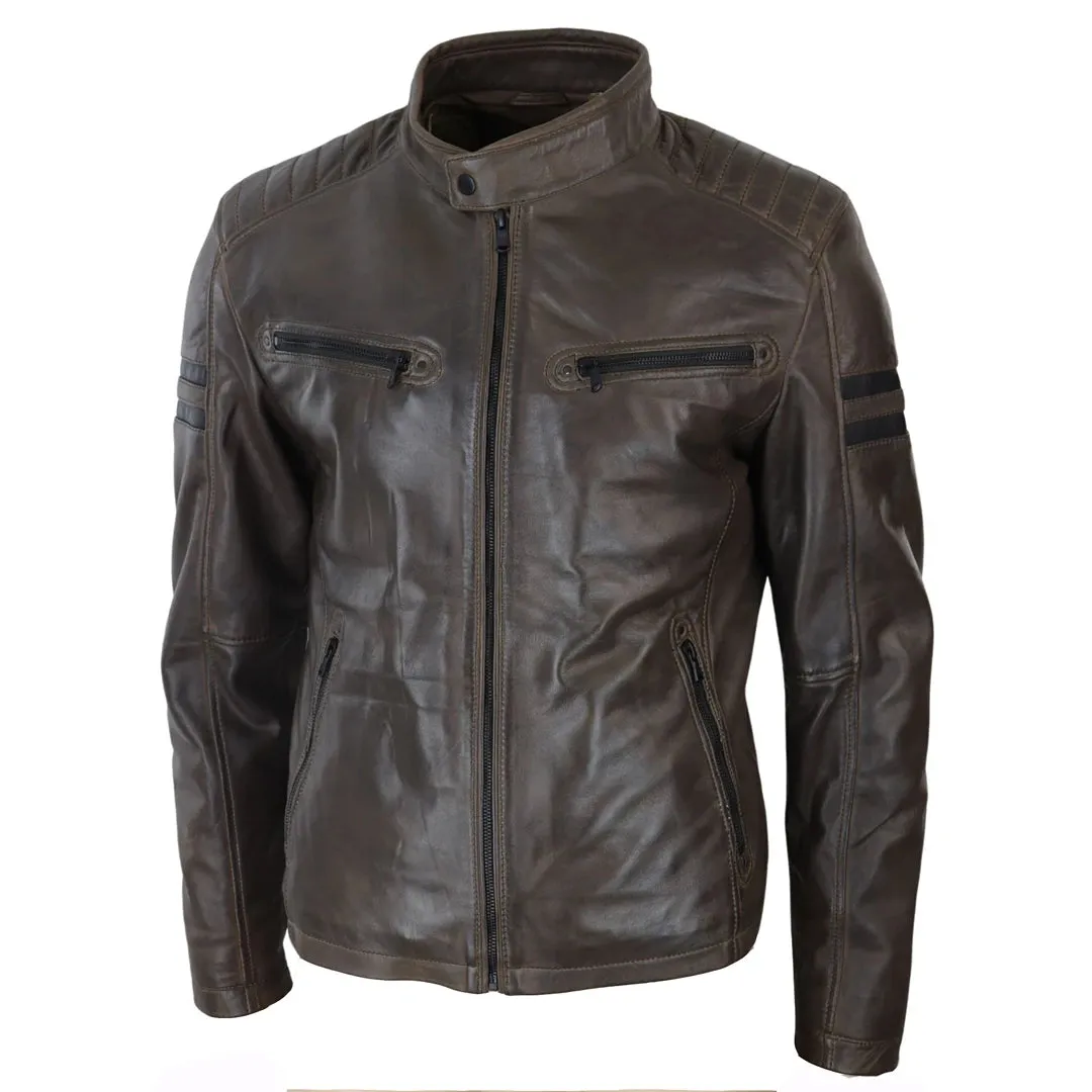 Chaqueta de carreras de motos de cuero para hombres rayas rojas zip negros cortos