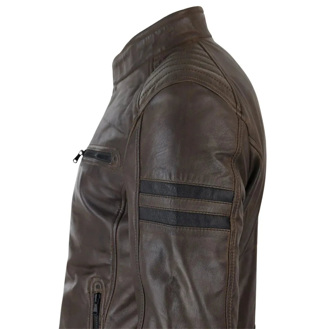 Chaqueta de carreras de motos de cuero para hombres rayas rojas zip negros cortos