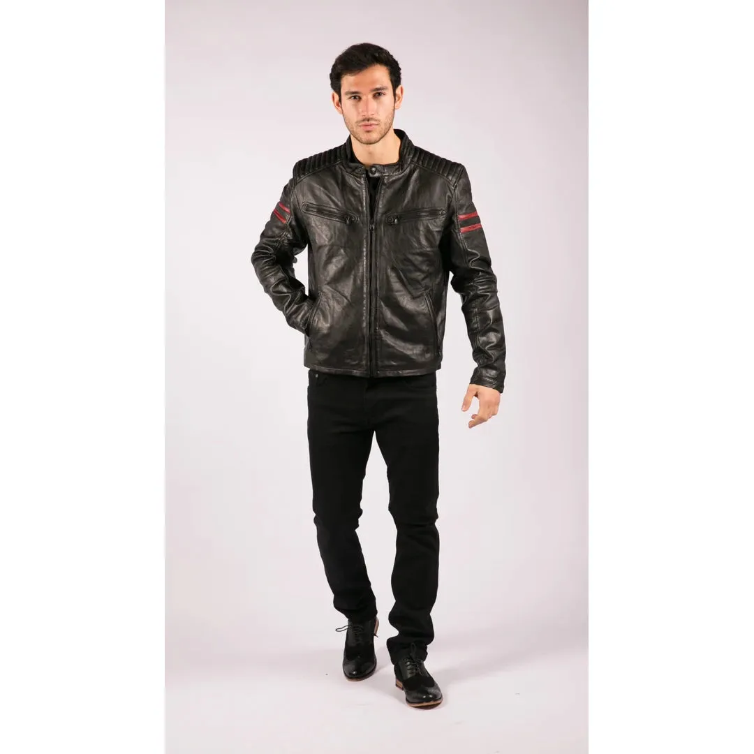 Chaqueta de carreras de motos de cuero para hombres rayas rojas zip negros cortos