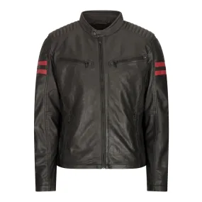 Chaqueta de carreras de motos de cuero para hombres rayas rojas zip negros cortos