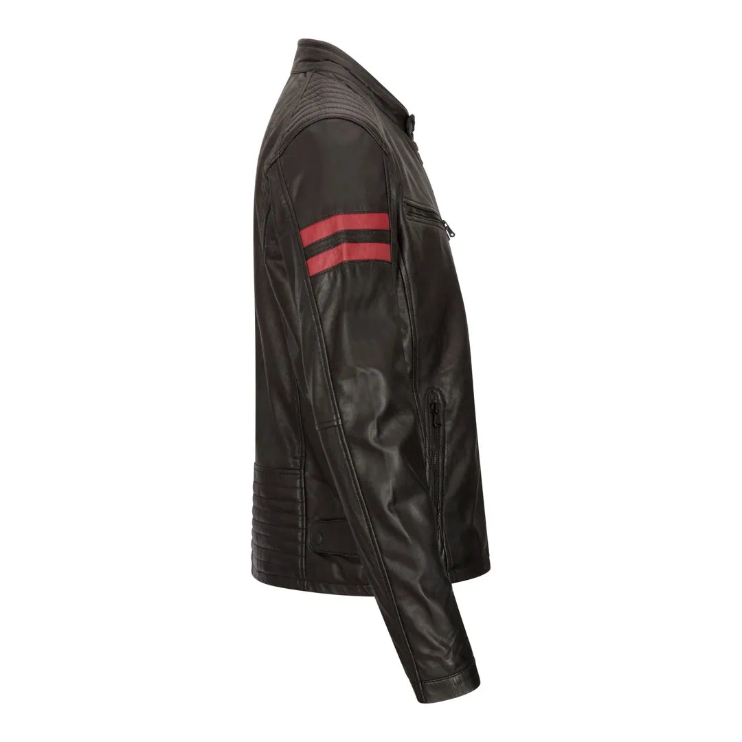 Chaqueta de carreras de motos de cuero para hombres rayas rojas zip negros cortos