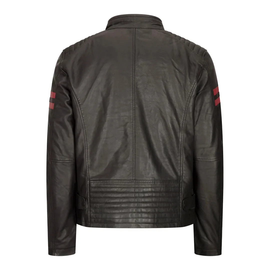 Chaqueta de carreras de motos de cuero para hombres rayas rojas zip negros cortos