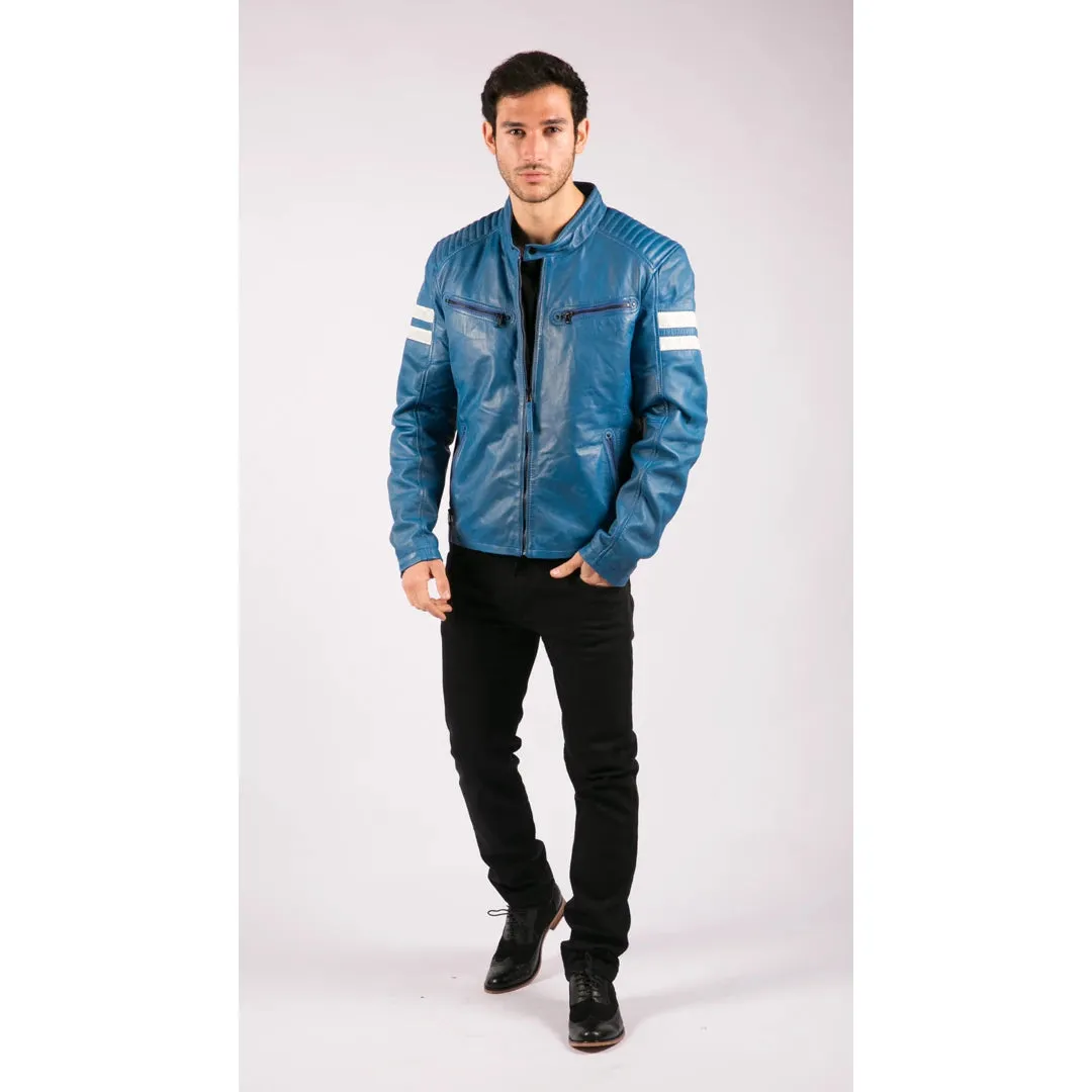 Chaqueta de carreras de motos de cuero para hombres rayas rojas zip negros cortos