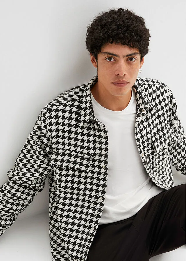 Chaqueta estilo camisa Negro-blanco lana de cuadros