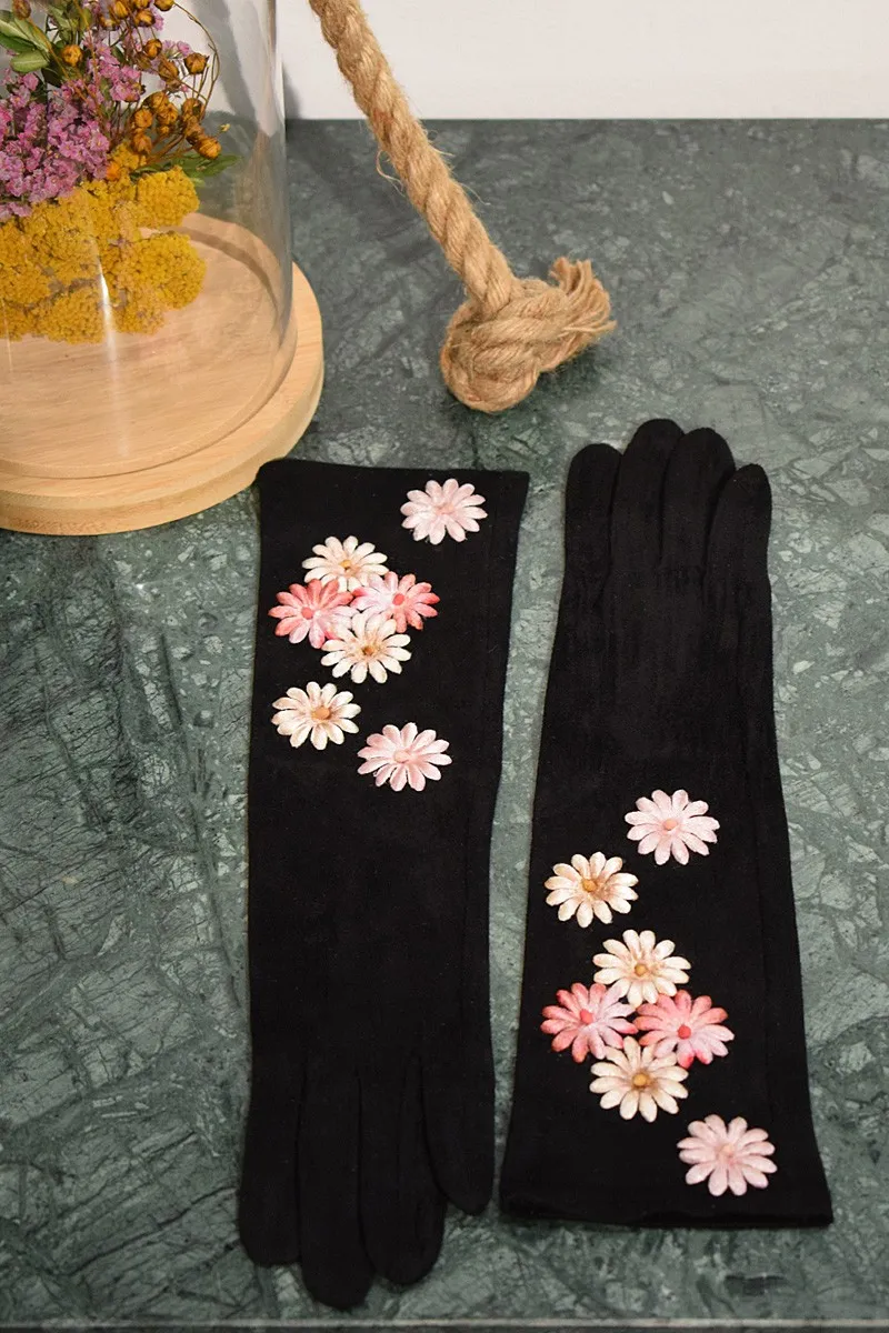 Guantes de Antelina Negros con Flores