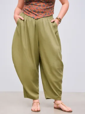 Pantalones de lino de tiro medio sólidos con bolsillo y pierna ancha Curvy