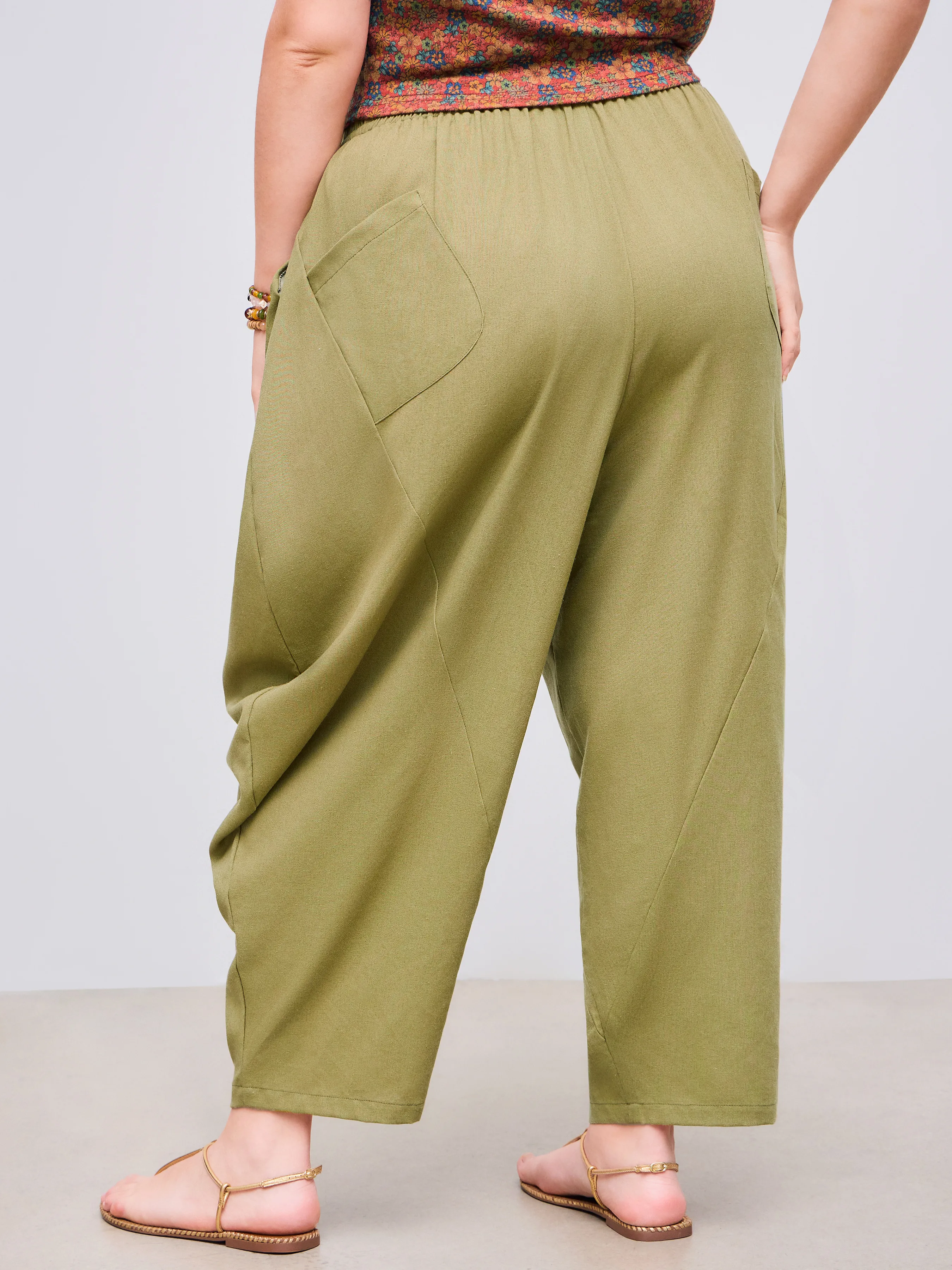 Pantalones de lino de tiro medio sólidos con bolsillo y pierna ancha Curvy