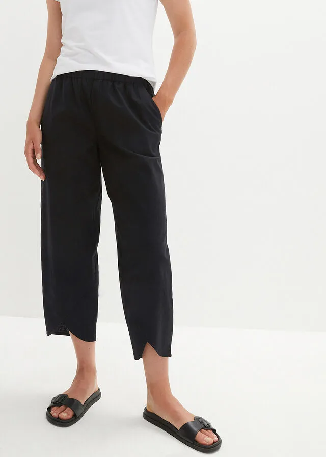 Pantalón capri de lino con cintura cómoda y ajuste holgado Negro