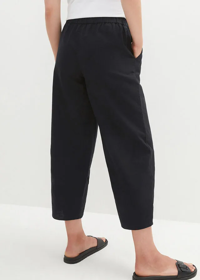 Pantalón capri de lino con cintura cómoda y ajuste holgado Negro