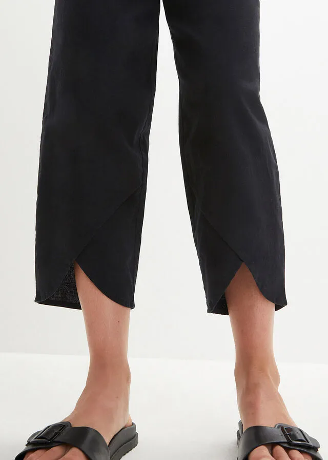 Pantalón capri de lino con cintura cómoda y ajuste holgado Negro