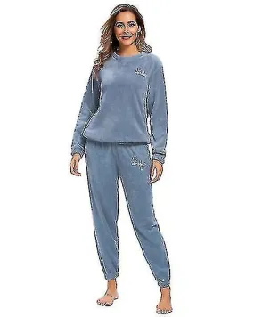 Pijama cálido de invierno más pantalones superiores de lana Cuello redondo Juego de pijamas suaves