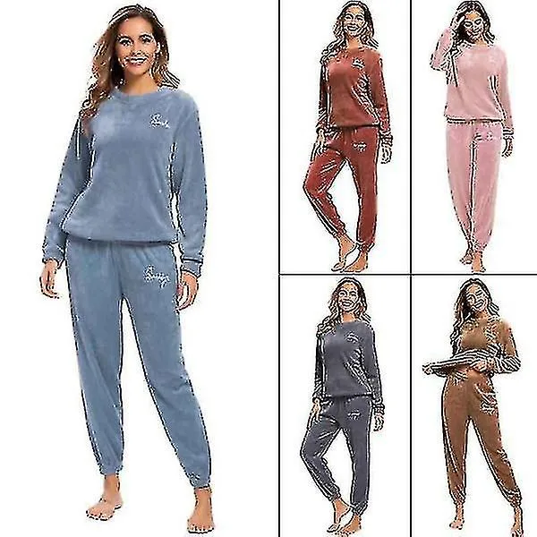 Pijama cálido de invierno más pantalones superiores de lana Cuello redondo Juego de pijamas suaves