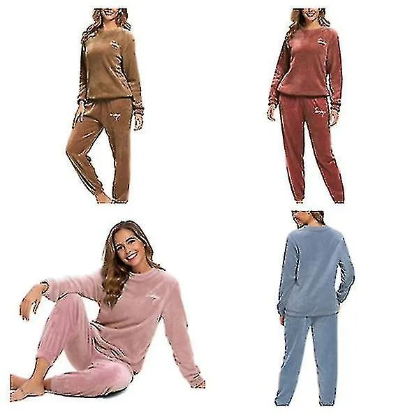 Pijama cálido de invierno más pantalones superiores de lana Cuello redondo Juego de pijamas suaves