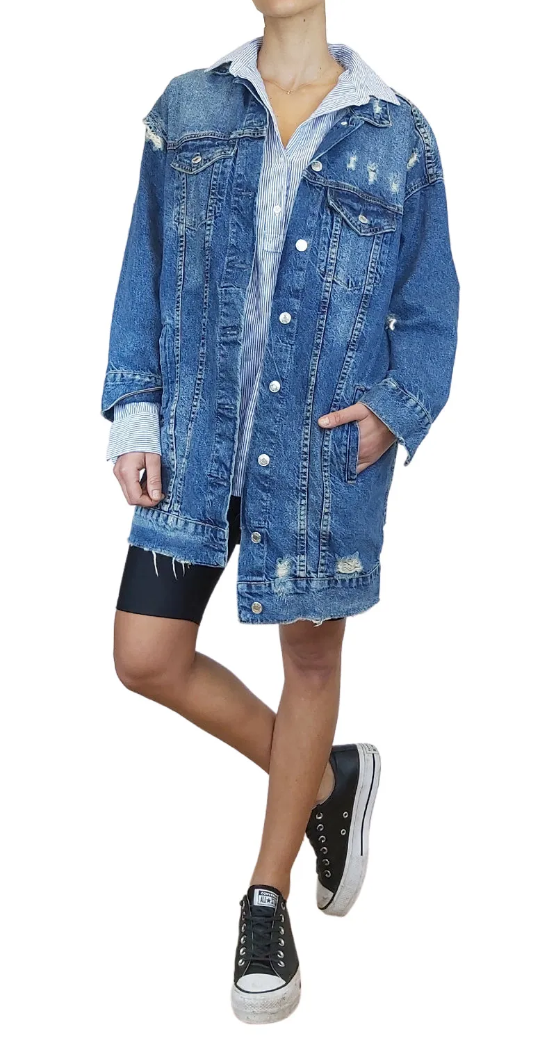 PULL & BEAR Chaqueta Larga Denim Destroyed