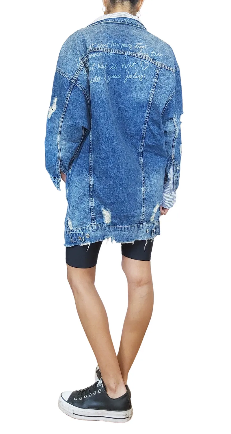 PULL & BEAR Chaqueta Larga Denim Destroyed