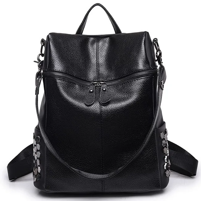 Punk Square Large Multifunction School Backpack Girl's Black PU Rivets Shoulder Bag Travel Backpack 