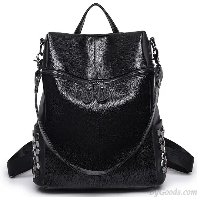 Punk Square Large Multifunction School Backpack Girl's Black PU Rivets Shoulder Bag Travel Backpack 