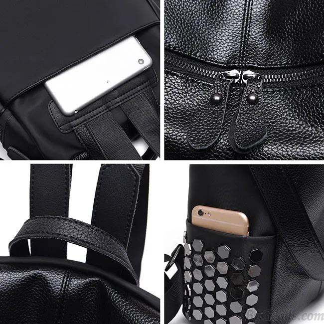 Punk Square Large Multifunction School Backpack Girl's Black PU Rivets Shoulder Bag Travel Backpack 