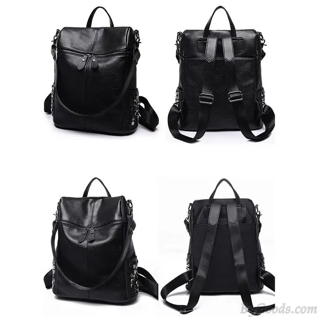 Punk Square Large Multifunction School Backpack Girl's Black PU Rivets Shoulder Bag Travel Backpack 