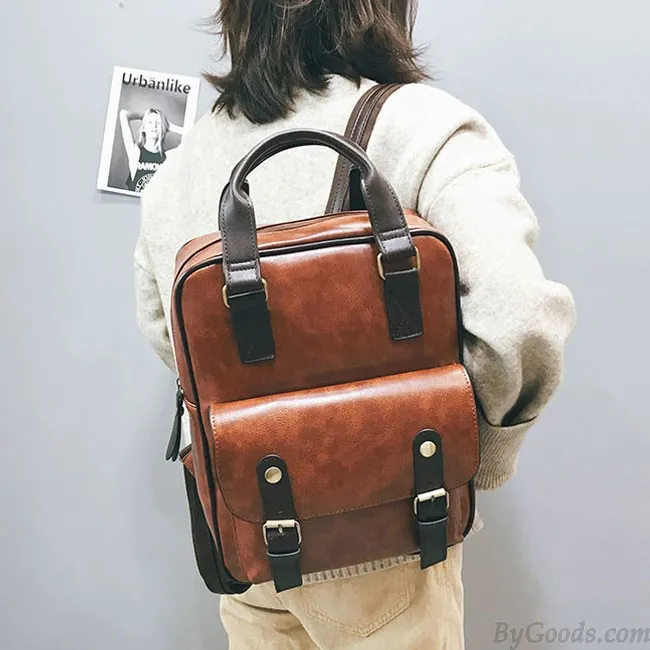 RETRO SOFT PU COLLEGE BAG MULTIFUNCTION BROWN BRITISH STYLE SQUARE SCHOOL BACKPACK