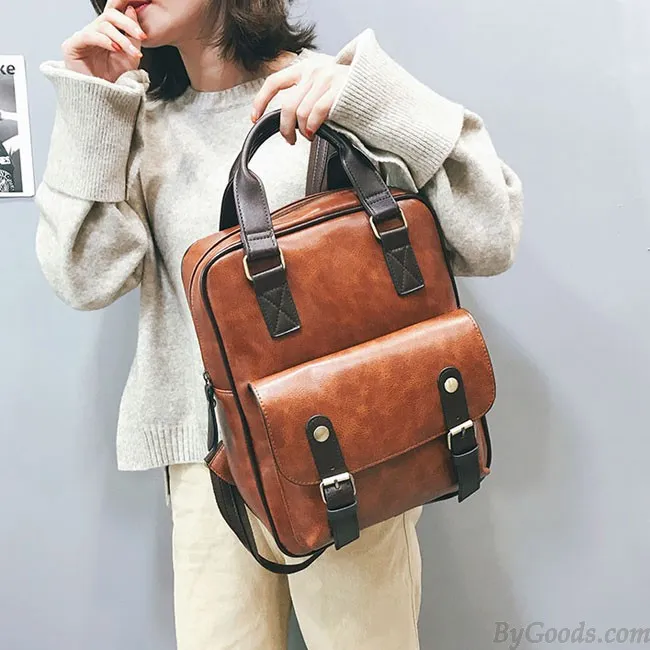 RETRO SOFT PU COLLEGE BAG MULTIFUNCTION BROWN BRITISH STYLE SQUARE SCHOOL BACKPACK