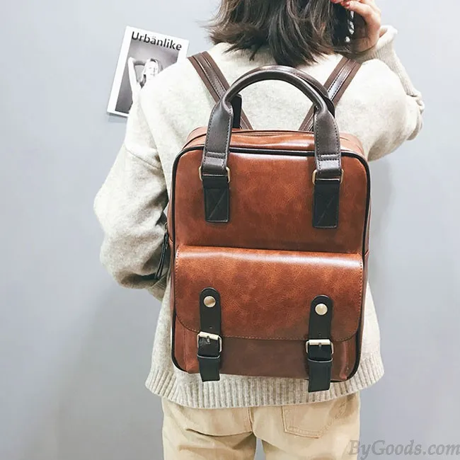 RETRO SOFT PU COLLEGE BAG MULTIFUNCTION BROWN BRITISH STYLE SQUARE SCHOOL BACKPACK