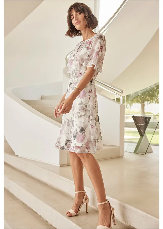 Vestido de gasa con patrón jacquard Blanco lana-rosa palo de flores